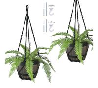 Bouqlife Lot de 2 grandes suspensions en macramé de 109 cm pour pot de 35,6 cm extra long sans pompon en corde de coton à suspendre avec crochet de plafond - Décoration d'intérieur bohème - Noir