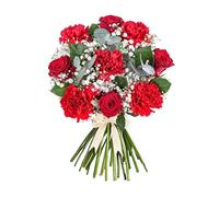 Bouquet Amore pour la Saint-Valentin - Un mélange envoûtant de roses rouges, d'œillets rouges, d'eucalyptus et de cyprès du Japon. - Fleurs fraîches - Fleurs pour elle - Bouquet de Saint-Valentin