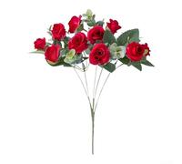 Bouquet artificiel d'apparence naturelle avec roses et eucalyptus pour table de programme de mariage, buffet, décoration de coin de petit-déjeuner (rouge vif)