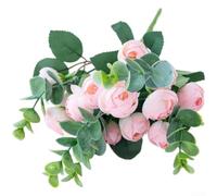 Bouquet artificiel d'eucalyptus et de rose et de camélia en soie pour décoration de table de mariage, salon, étagère (rose)