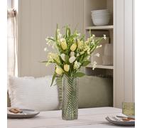 Bouquet Artificiel Tulipes Jaune Sorbet & Marguerites avec Vase en Verre Texturé Vert