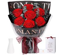 Bouquet de 7 Roses Éternelles à Partir de Vraies Roses（papier d’emballage noir）-Fleur Éternelle avec Vase-Cadeau de Luxe pour Femme-Cadeau pour Saint-Valentin, Anniversaire,Fête des Mères et Noël