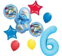 Bouquet de ballons Schtroumpfs pour 6ème anniversaire Décorations de fête | Comprend un ballon géant en forme de chiffre 6, un mélange d'aluminium et de latex, un thème des schtroumpfs