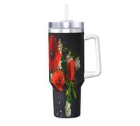Bouquet de coquelicots rouges,Gobelet isotherme Ice Bully de 40 oz avec poignée, couvercle et paille, en acier inoxydable, pour voiture ou café.