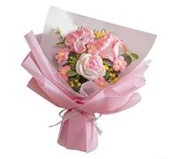 Bouquet de fleurs artificielles tricotées à la main - Décoration durable pour fête des mères, anniversaire, mariage, remise de diplôme, maison, bureau, fête - 30 x 35 cm (rose)