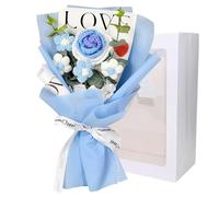 Bouquet de fleurs au crochet, 7,9 x 11,8" roses au crochet, 5 têtes de fleurs tricotées, bouquet de fleurs au crochet pour mariage, Saint-Valentin, anniversaire, fête des mères, fleurs tricotées bleue