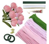 Bouquet de Fleurs Roses 30CM, Kit DIY pour Arrangement Floral: 20 Tiges Florales, 400 Chenilles à Décorer, Fil Créatif Vert, Papier Crêpe Fleuriste, Ruban Cadeau Décoration pour Femmes