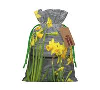 Bouquet de jonquilles imprimées avec cordon de serrage et ruban de Noël vert - Pochettes cadeaux réutilisables en toile de jute avec cordon de serrage, M