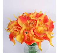 Bouquet de lys calla artificiels au toucher réaliste pour bouquet de mariage, décoration d'intérieur, fête de mariée, arrangement en soie réaliste prêt à être affiché (coucher de soleil, 15 rouge)