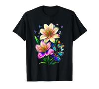 Bouquet de lys et Papillons Rose, Jaune, Bleu T-Shirt Graphique avec Valeur