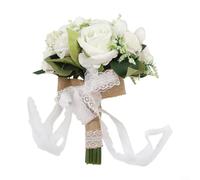 Bouquet de mariage artificiel pour mariée et demoiselles d'honneur - Roses artificielles avec ruban en dentelle, 20 x 25 cm, décoration florale pour photographie, cérémonie et souvenir (blanc)
