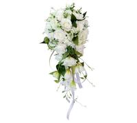 Bouquet de mariage, bouquet de mariée romantique en forme de larme de 9,1 x 21,7 pouces, bouquet de roses artificielles en cascade pour la mariée tenant un centre de table de mariage, blanc et vert