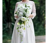 Bouquet de mariage fait à la main avec roses blanches - Grand bouquet de mariée avec ruban pour décoration de mariage élégante Fleurs artificielles pour cérémonie et réception de la mariée