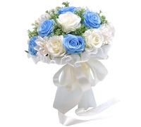 Bouquet de Mariée de Mariage, Bouquet de Roses Artificielles, Bouquet de Mariée Mori, Bouquets de Mariage Romantiques Faits à la Main pour Mariée, Demoiselle d'honneur Tenant des(Blanc Bleu)