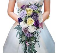 Bouquet de mariée en soie avec un design élégant en cascade, parfait pour les bouquets de mariée, les cérémonies de mariage et les accessoires photo (violet)