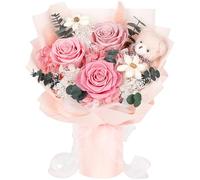 Bouquet de Rose Eternelle avec Ours, 3 Roses Rose, Fleur Eternelle Cadeau pour Femme, Maman, Épouse, Amie, Jeune Fille, pour Anniversaire, Saint-Valentin, Fete des Meres (Sans Vase)