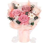 Bouquet de Rose Éternelle Rose avec Ours, Fleur Éternelle, Cadeau Femme | Fleurs Préservées sans Entretien, Cadeau Saint-Valentin, Fête des Mères ou Anniversaire, pour Épouse, Maman ou Jeune Fille