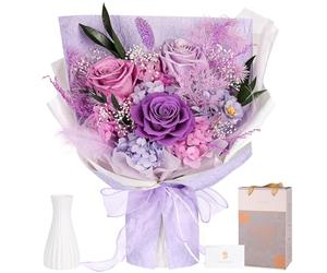 Bouquet de Rose Éternelle Violette avec Vase, Fleur Éternelle, Cadeau Femme | Fleurs Préservées sans Entretien, Cadeau Saint-Valentin, Fête des Mères ou Anniversaire, pour Épouse, Maman ou Copine
