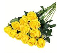 Bouquet de roses artificielles jaunes 12 pièces l Roses artificielles réalistes pour le mariage, le printemps & la décoration de table l Fleurs en soie pour la décoration de la maison & l'arrangement