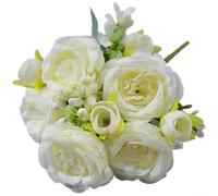 Bouquet décoratif à 5 têtes de pivoines en soie pour photographie de mariage et usage domestique, fabriqué avec de la soie et des tiges métalliques robustes pour un affichage prolongé (blanc crème)