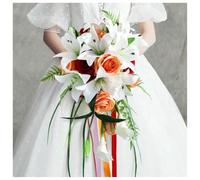Bouquet En Cascade Agrémenté De Ruban Satin, Posy En Chute Pendante, Fleurs à Main Drapées, Lys, Roses Et Arums Associés à Des Rubans Satin élégants, Pour Mise En Scène De (Size:25*50cm,Color:M-1 PCS)