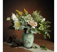 Bouquet Fleur Artificielle Haut de Gamme, Centre de Table Fleur Artificielle Deco Maison, avec Vase, WAKISAKI (Vert)