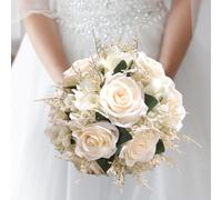 Bouquets de mariage pour la mariée, fleur Fleurs de mariage artificielles de 9,1 pouces Bouquet de mariée blanche pour la mariée, bouquet de rose artificiel, bouquet de fleurs avec ruban de soie pour
