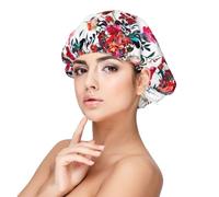 Bouquets floraux chics et lumineux de couleur rouge marine,Bonnet de nuit en satin pour adulte - Bonnet de nuit élastique pour femme, couvre-cheveux de nuit
