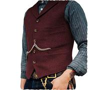 Bourgogne Gilets Sans Manche Désinvolte Homme Costume Formel Gilet de Costume de Tailleur en Lainage la Laine Tweed Rétro Arête de Hareng col Cranté élégant Garçons d'Honneur de Mariage de Bal-XS