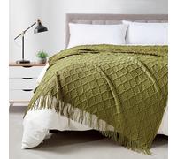 BOURINA Jeté de lit en jacquard à motifs de losanges, couleur olive, 127 x 178 cm - Jeté décoratif en tricot uni et doux pour canapé ou lit