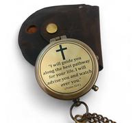 Boussole en laiton antique avec gravure Psaume 32:8" - Avec étui en cuir - Cadeau chrétien pour hommes et femmes - Boussole vintage avec croix