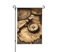 Boussole et ancienne carte du monde drapeaux de jardin double face, décoration saisonnière pour cour avant porche