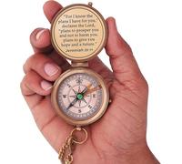Boussole inspirante avec Jérémie 29:11, verset biblique, finition laiton antique, coffret cadeau en bois