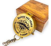Boussole personnalisée avec gravure motif au choix et texte au choix nom - Divers designs - Laiton - Étui en cuir - Boîte cadeau - Superbe idée cadeau (aspect vintage)