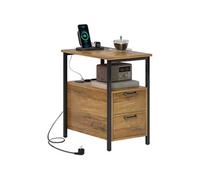 HOMCOM Table d'appoint, Table de Chevet, avec 2 Prises, Port USB, Type C, 2 tiroirs et étagère, câble de 143 cm, Cadre en métal, Bois Naturel