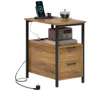 Bout De Canapé Table Basse D'appoint 2 Tiroirs Niche 2 Prises Port Usb Métal Noir Effet Bois Vieilli