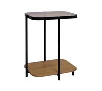 Bout de canapé vintage en métal noir avec 2 plateaux (verre et décor bois) bords arrondis