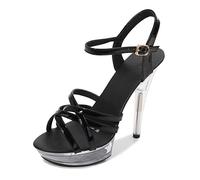 Bout Ouvert Sangle Croisée Talons Hauts 12 CM/4.72IN Fête Grande Taille Talons Hauts Discothèque Pôle Danse Dames Sandales,Noir,38 EU