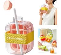 Bouteille à Glaçons 2 en 1 avec Paille - Bac à Glaçons Portable sans Contact, Appuyez pour Libérer les Glaçons - Idéal pour Maison, Pique-nique, Bureau (Rose, 500ml)