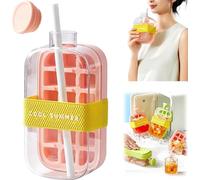 Bouteille à Glaçons 2 en 1 avec Paille - Bac à Glaçons Portable sans Contact, Appuyez pour Libérer les Glaçons - Idéal pour Maison, Pique-nique, Bureau (Rose, 800ml)