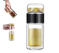 Bouteille à Thé 3-n-1 Tryteava avec Infuseur Intelligent, Verre Borosilicaté Double Paroi avec Filtre en Acier Inoxydable, Théière Portable et Hermétique pour Maison, Bureau, Voyage (BLACK,350ML)
