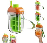 Bouteille de glace 2 en 1, Bac à glaçons intégré, Bouteille d'eau portable en silicone avec paille pour boissons froides, Moule à cube à pression zéro contact, Bouteille rafraîchissante d'été, étanche