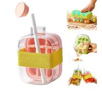 Bouteille de machine à glaçons avec couvercle à paille et bande, 2 en 1 portable, moule de congélation, bol d'eau étanche pour café, jus de fruits, voyage (500 ml, rose)
