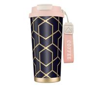 Bouteille d'eau à lignes géométriques avec couvercle à paille en acier inoxydable à large goulot isotherme anti-fuite pour femme - Rose