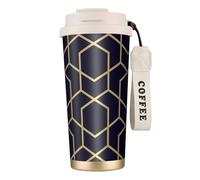 Bouteille d'eau à lignes géométriques avec couvercle à paille en acier inoxydable à large goulot isotherme anti-fuite pour femme - Blanc