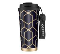 Bouteille d'eau à lignes géométriques avec couvercle à paille en acier inoxydable à large goulot isotherme anti-fuite pour femme - Noir