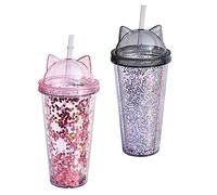 Bouteille d'eau avec paille pailletée, tasse à eau Double couche, tasse à boire avec oreille de chat pour fille, 2 pièces 400-500ml gris