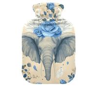 Bouteille d'eau bleue avec motif éléphant à ailes de rose pour eau chaude avec housse souple, compresse chaude de 2 L pour thérapies chaudes et froides
