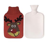 Bouteille d'eau Chaude 2L Grande Capacité Bouillottes Caoutchouc avec Housse de Modèle de Renne Tricotée Doux, Idéal Cadeau de Noël 33 x 20cm