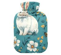 Bouteille d'eau chaude de 2 L avec housse souple - Motif lapin - Turquoise - Pour thérapie par le chaud et le froid